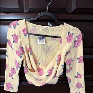 Free People Cream Long Sleeve Drape Top with Pink Rose Print
